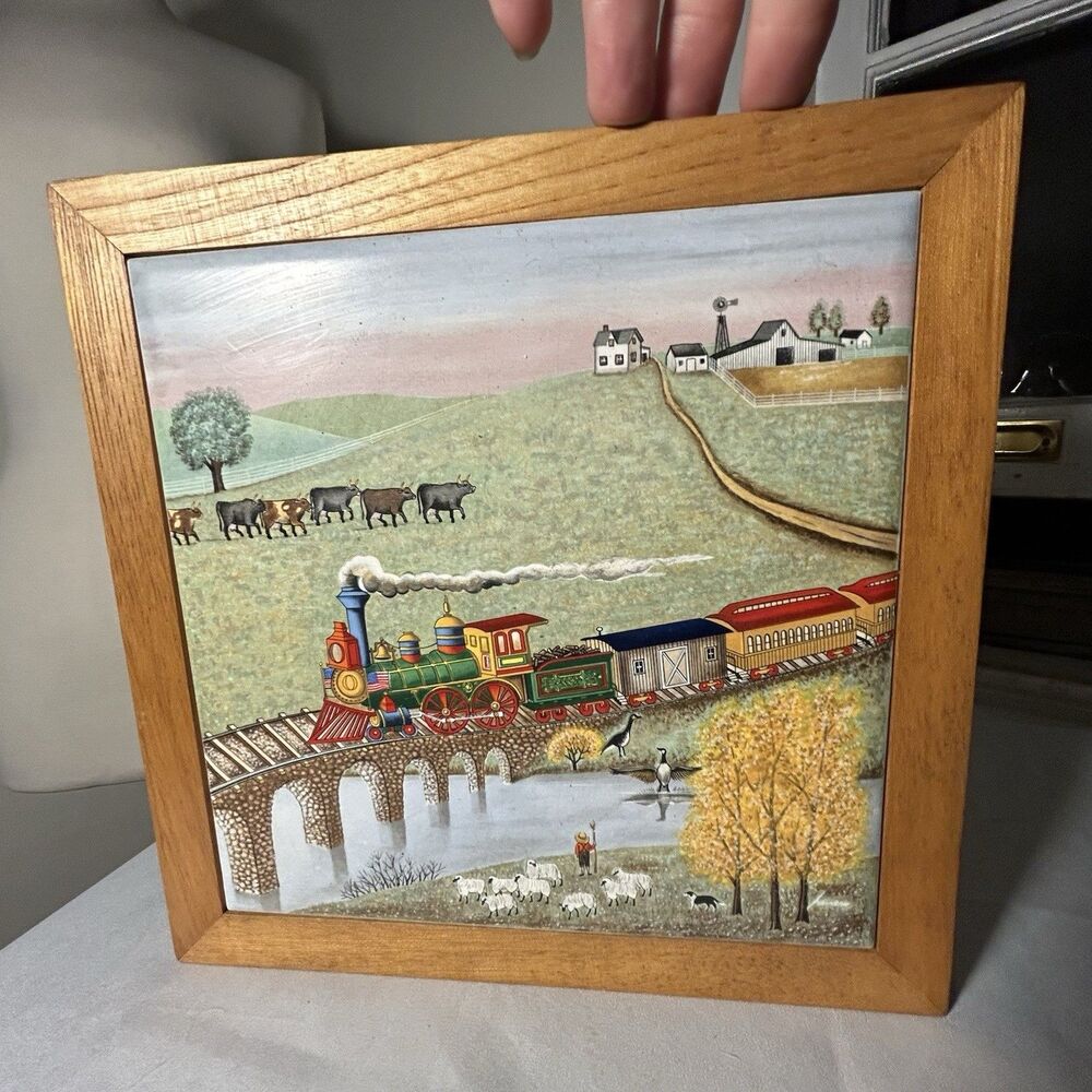 LOWELL HERRERO Ceramic Tile Wall Art TRAIN SCENE Vintage 80s Vandor Wood Frame
